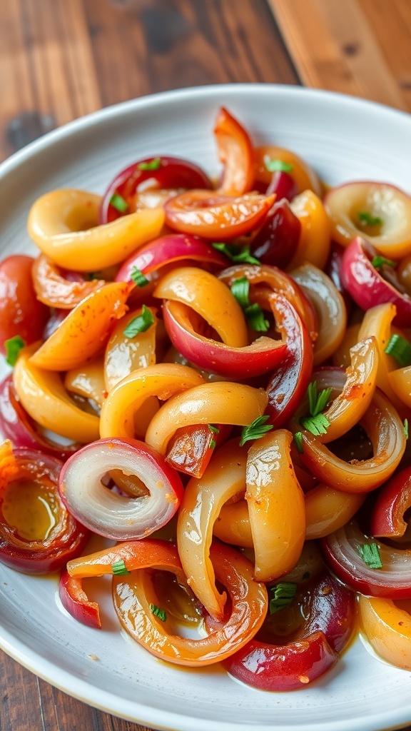 Sautéed red and yellow onions on a plate, garnished with herbs, on a rustic wooden table.